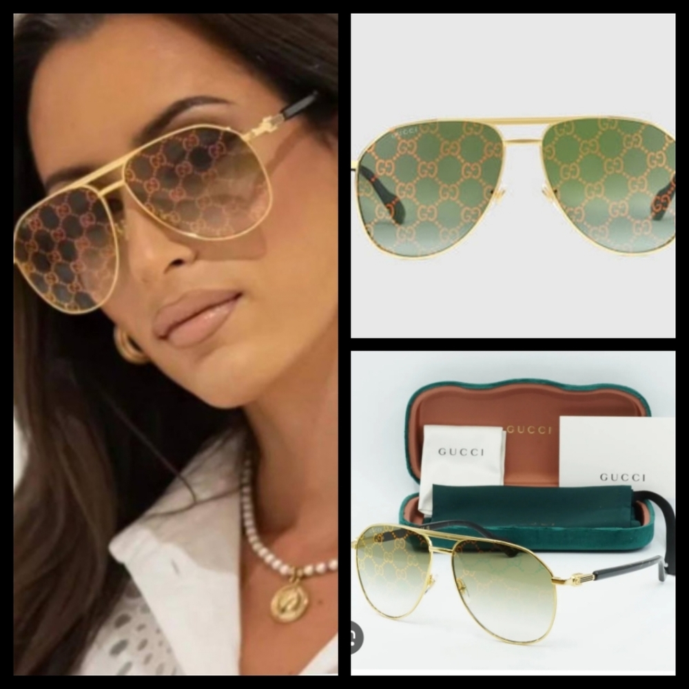 Gucci Gold Aviator Sunglasses with Green Gradient and GG Logo